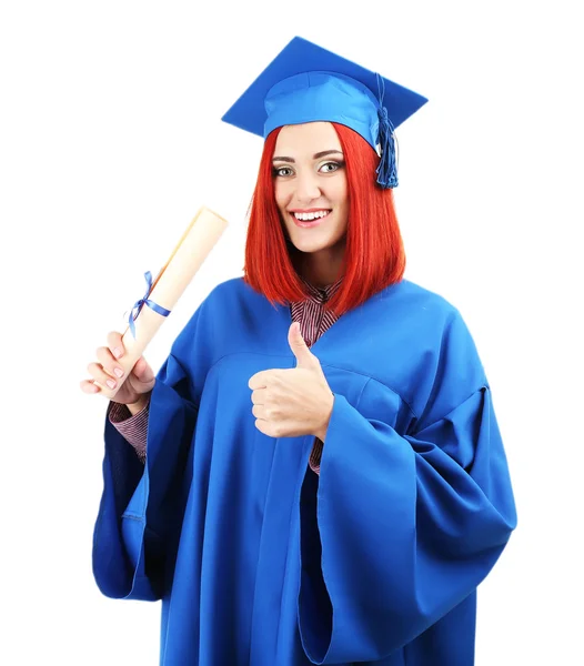 Donna laureata con cappello e abito da laurea, isolata su bianco — Foto Stock