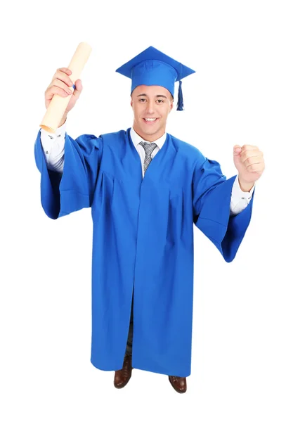 Afgestudeerde student man dragen afstuderen hoed en jurk, geïsoleerd op wit — Stockfoto