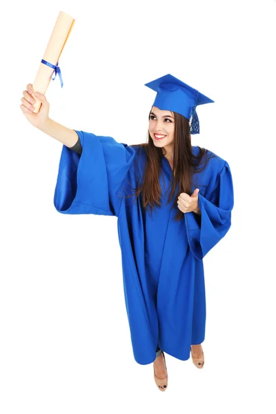 Mulher estudante de pós-graduação vestindo chapéu de formatura e vestido, isolado em branco — Fotografia de Stock