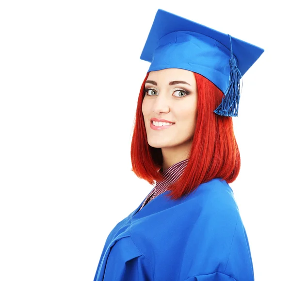 Mujer estudiante de posgrado con sombrero de graduación y vestido, aislado en blanco —  Fotos de Stock