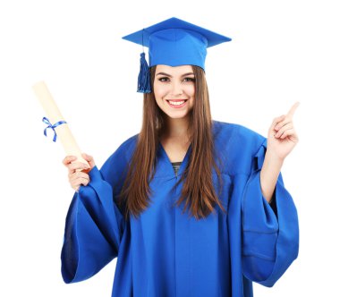 Kadın Lisansüstü Öğrenci mezuniyet şapka ve beyaz izole elbisesi,