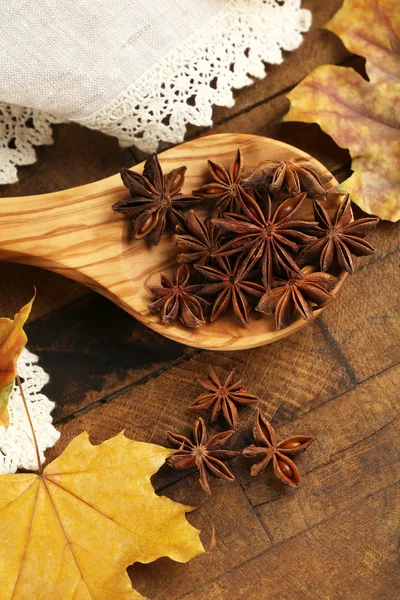 Stars anise in wooden spoon — Stock Photo, Image