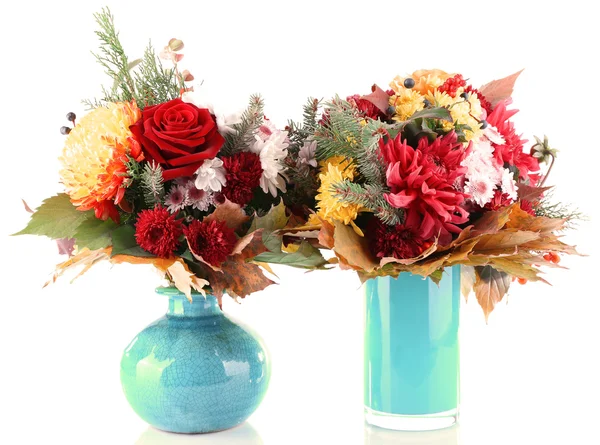 Flower bouquets in blue vases — Stock Photo, Image