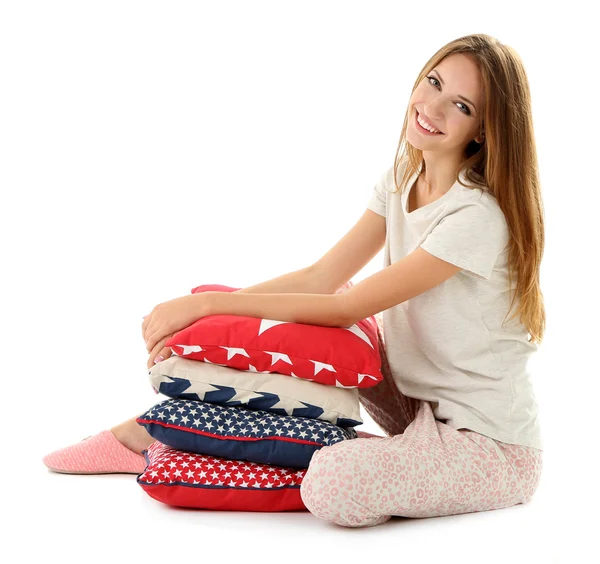 Menina bonita com travesseiros isolados no fundo t branco — Fotografia de Stock