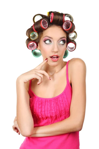 Beautiful girl in hair curlers — Stock Photo, Image