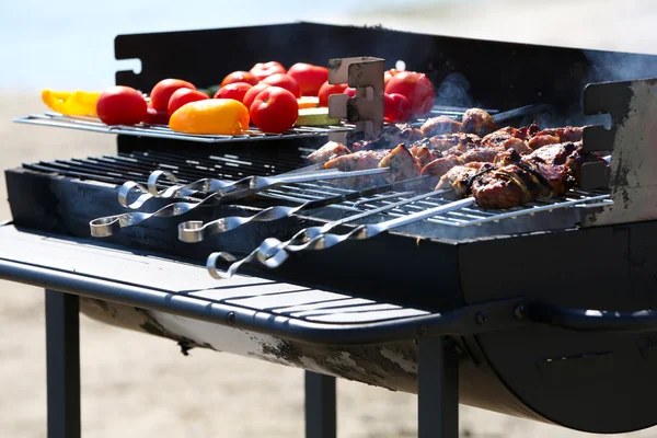 Skewers and vegetables on barbecue grill — Stock Photo, Image