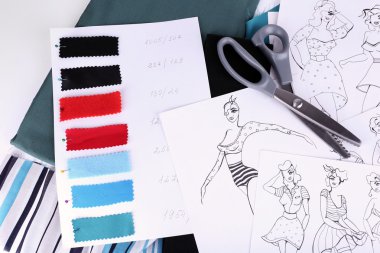 Çizimler elbise ve kumaş örnekleri