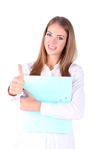 Zakelijke vrouw holding map, geïsoleerd op wit — Stockfoto