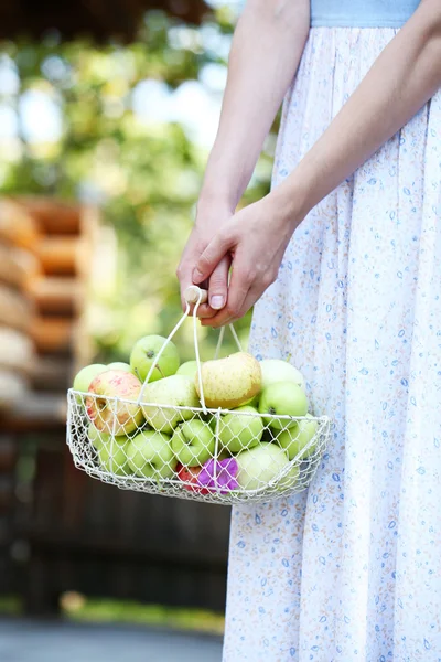 Menina segurando cesta de maçãs ao ar livre — Fotografia de Stock