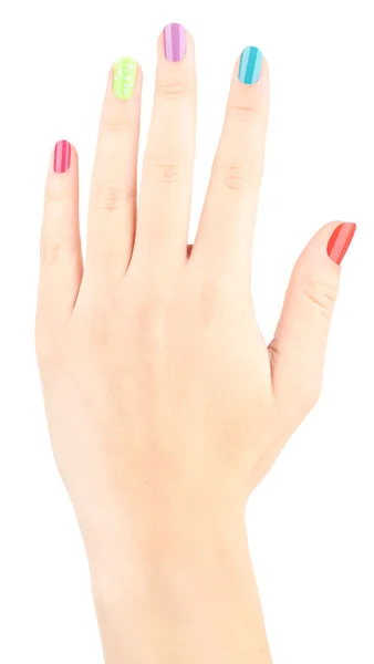 Vrouw hand met heldere manicure, geïsoleerd op wit — Stockfoto