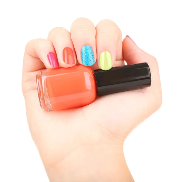 Nail polish in hand, isolated on white — Stock Photo, Image
