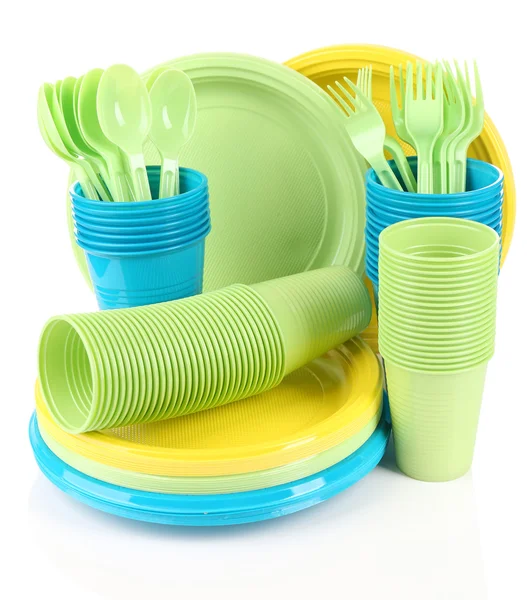 Яскравий пластиковий одноразовий посуд — стокове фото