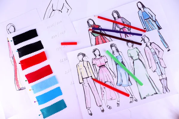 Sketches of clothes and fabric samples — Stock Photo, Image