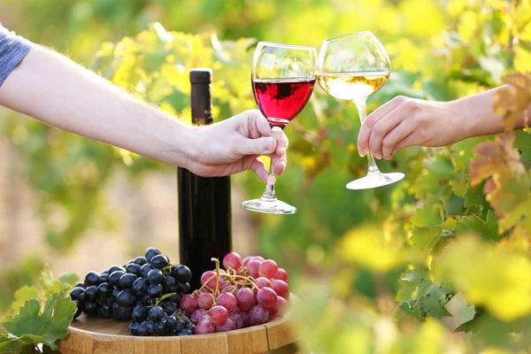 ブドウ農園の背景に手でワイングラス — ストック写真