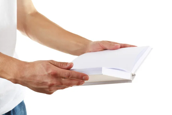 Man händerna hålla vit bok isolerad på vit — Stockfoto