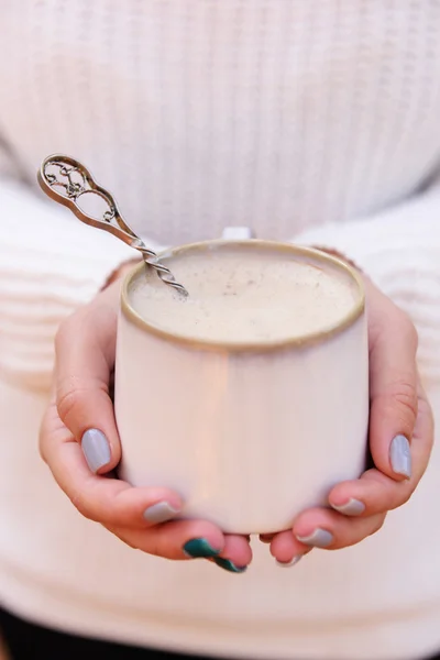 Woman holding cup of tasty hot drink, close-up — Stock Photo, Image