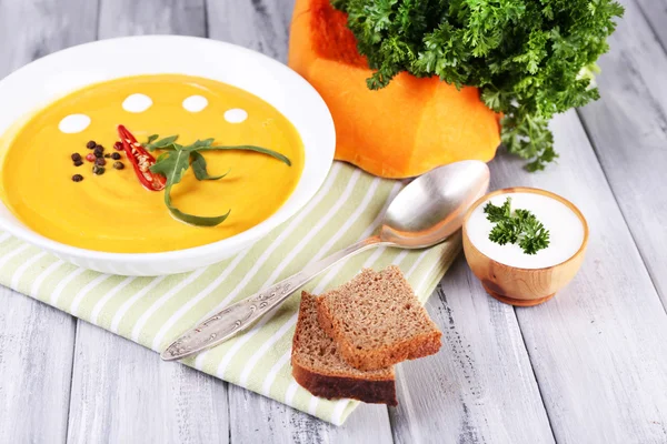 Pumpkin soup in white plate — Stock Photo, Image