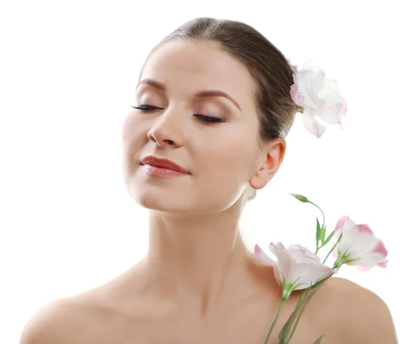 Hermosa joven con flores aisladas en blanco —  Fotos de Stock