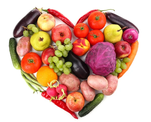 Fresh organic vegetables and fruits in shape of heart, isolated on white — Stock Photo, Image