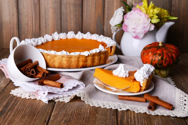 Piece of pumpkin pie on plate — Stock Photo, Image