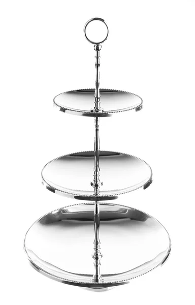 Three tiered silver serving tray isolated on white — Stock Photo, Image