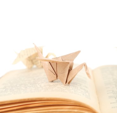 Eski kitap, beyaz arka plan üzerinde Origami Vinçler