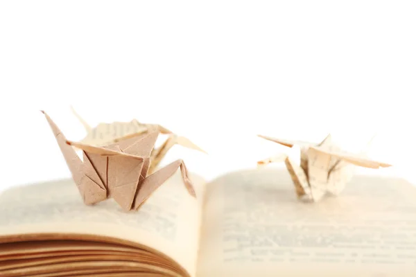 Origami cranes on old book, on white background — Stock Photo, Image