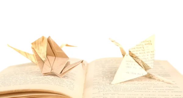 Grúas de origami sobre libro viejo, sobre fondo blanco — Foto de Stock