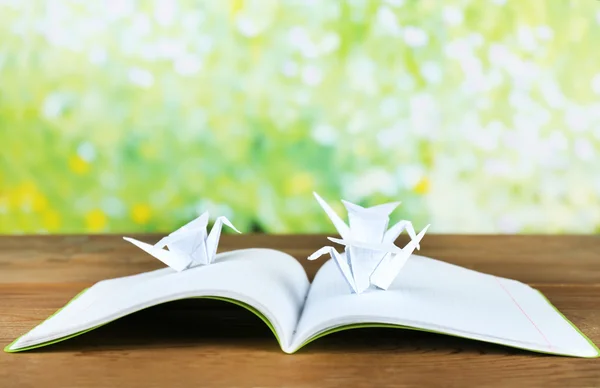 Origami cranes on notebook on wooden table, outdoors — Stock Photo, Image