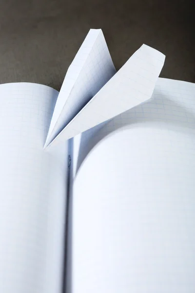 Origami vliegtuig op notebook, close-up — Stockfoto