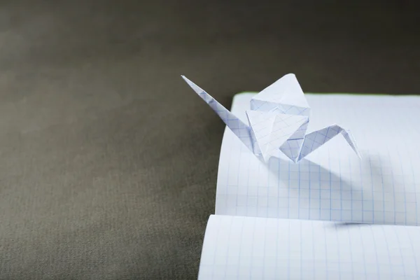 Gru Origami su notebook su sfondo grigio — Foto Stock