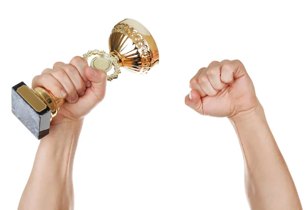 Gold cup in hands — Stock Photo, Image