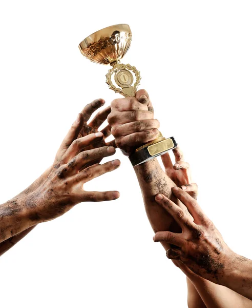 Gold cup in hands — Stock Photo, Image