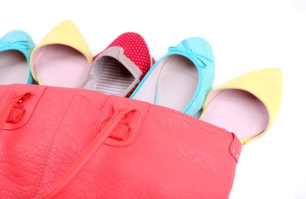 Bolso de mujer con zapatos vista superior aislado en blanco — Foto de Stock