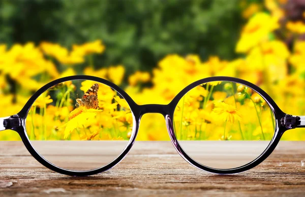 Vision Konzept. Brille auf Holztisch im Freien — Stockfoto