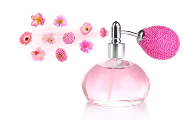 Perfume con aroma floral aislado en blanco —  Fotos de Stock