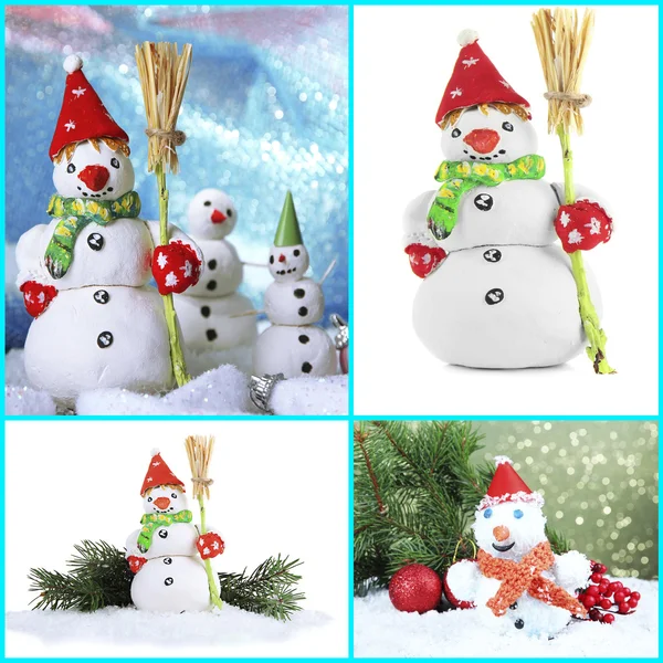Коллаж красивых снеговиков и рождественский декор — стоковое фото