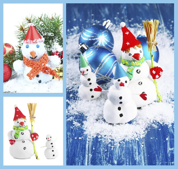 Collage of beautiful snowmen and Christmas decor — Stock Photo, Image