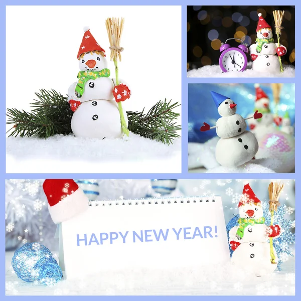 Коллаж красивых снеговиков и рождественский декор — стоковое фото