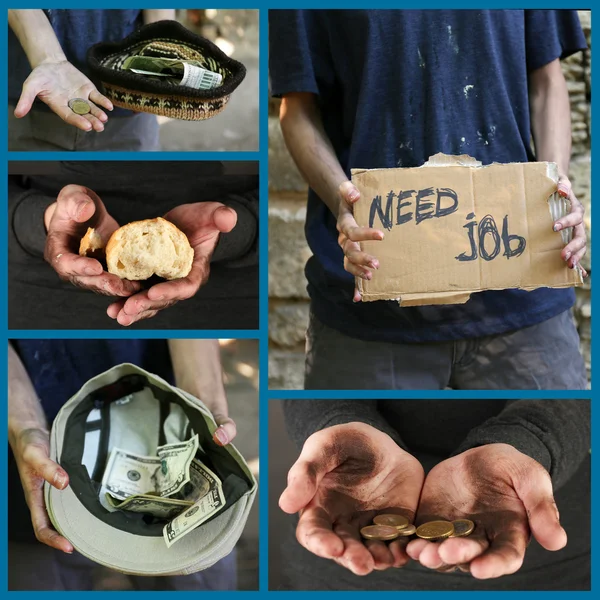 Poverty concept. Homeless men ask for help collage — Stock Photo, Image