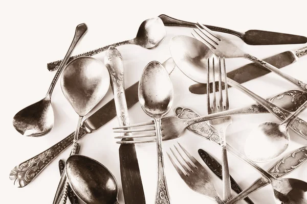 Old disordered tableware closeup — Stock Photo, Image