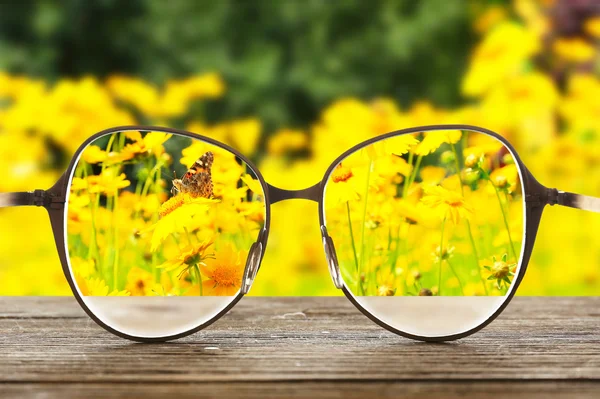 Vision koncept. Glasögon på träbord utomhus — Stockfoto