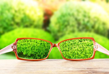 Vizyon kavramı. Ahşap masa açık havada göz gözlük