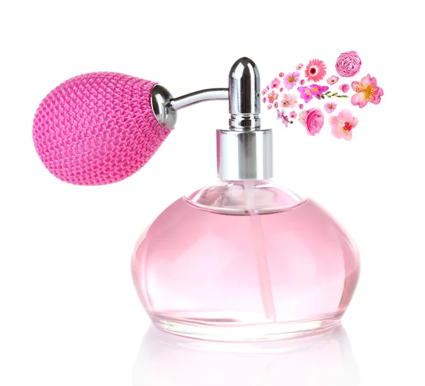 Perfume com aroma de flor isolado em branco — Fotografia de Stock