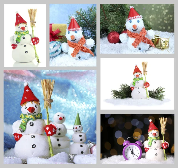 Collage di bellissimi pupazzi di neve e decorazioni natalizie — Foto Stock