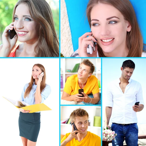 Anslutning Koncept Personer Med Mobiltelefon Collage — Stockfoto