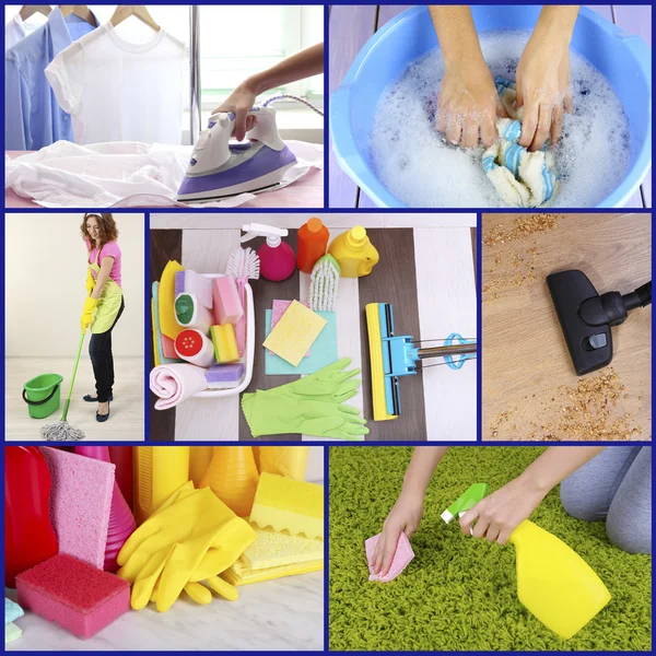 Concetto pulito. Giovane casalinga con forniture per la pulizia e collage strumenti — Foto Stock