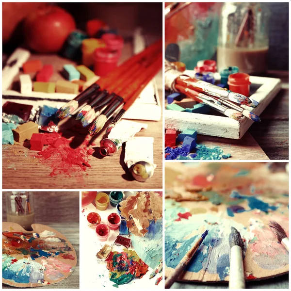 Beautiful still life with professional art materials collage — Stock Photo, Image