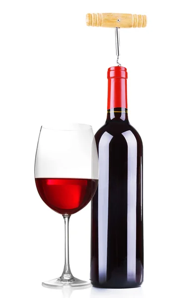 Bottle of great wine and glass isolated on white — Stock Photo, Image