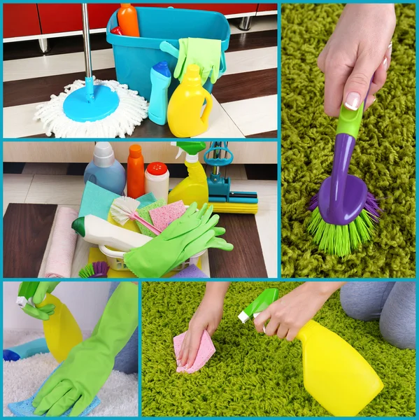 Clean concept. Cleaning supplies and tools collage — Stock Photo, Image